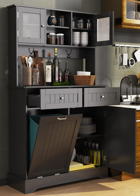 LOUVIXA 68.4" Kitchen Pantry Storage Cabinet, Freestanding Cupboard with 3 Cabinets, 2 Drawers and 1 Tilt Out Trash Cabinet, Tall Storage Cabinet for Kitchen, Dinning Room, Living Room (Black) LOUVIXA