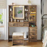 AOGLLATI Farmhouse Vanity Desk with Mirror and Lights, Makeup Vanity Set with Lights & Jewelry Cabinet & 5 Drawers, Vanity Table with Charging Station, Hidden Storage Space for Bedroom, Brown AOGLLATI