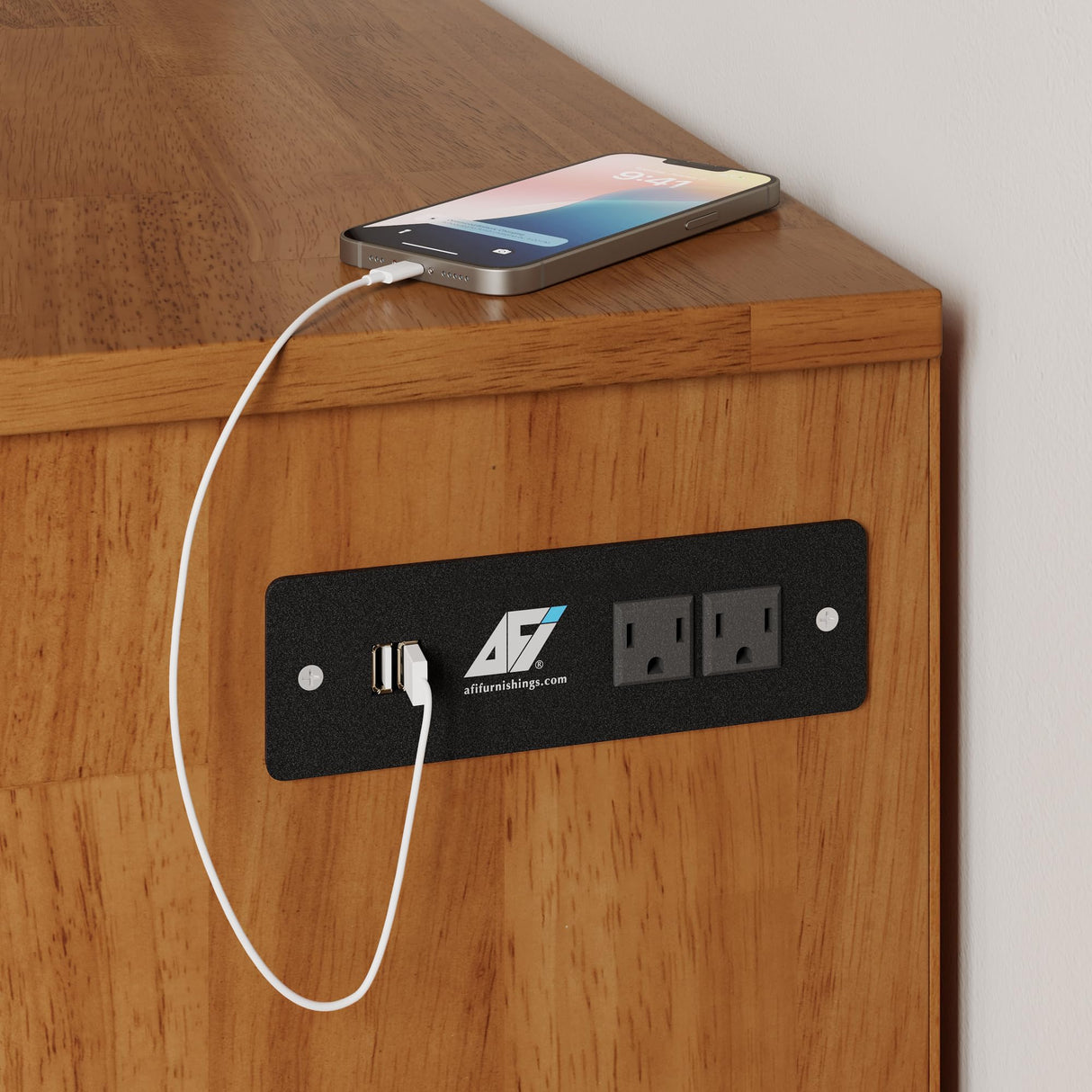 AFI, Marion Queen Wood Murphy Bed Chest with 6" Mattress, Storage Drawer, & Built-in Charger, Light Toffee AFI