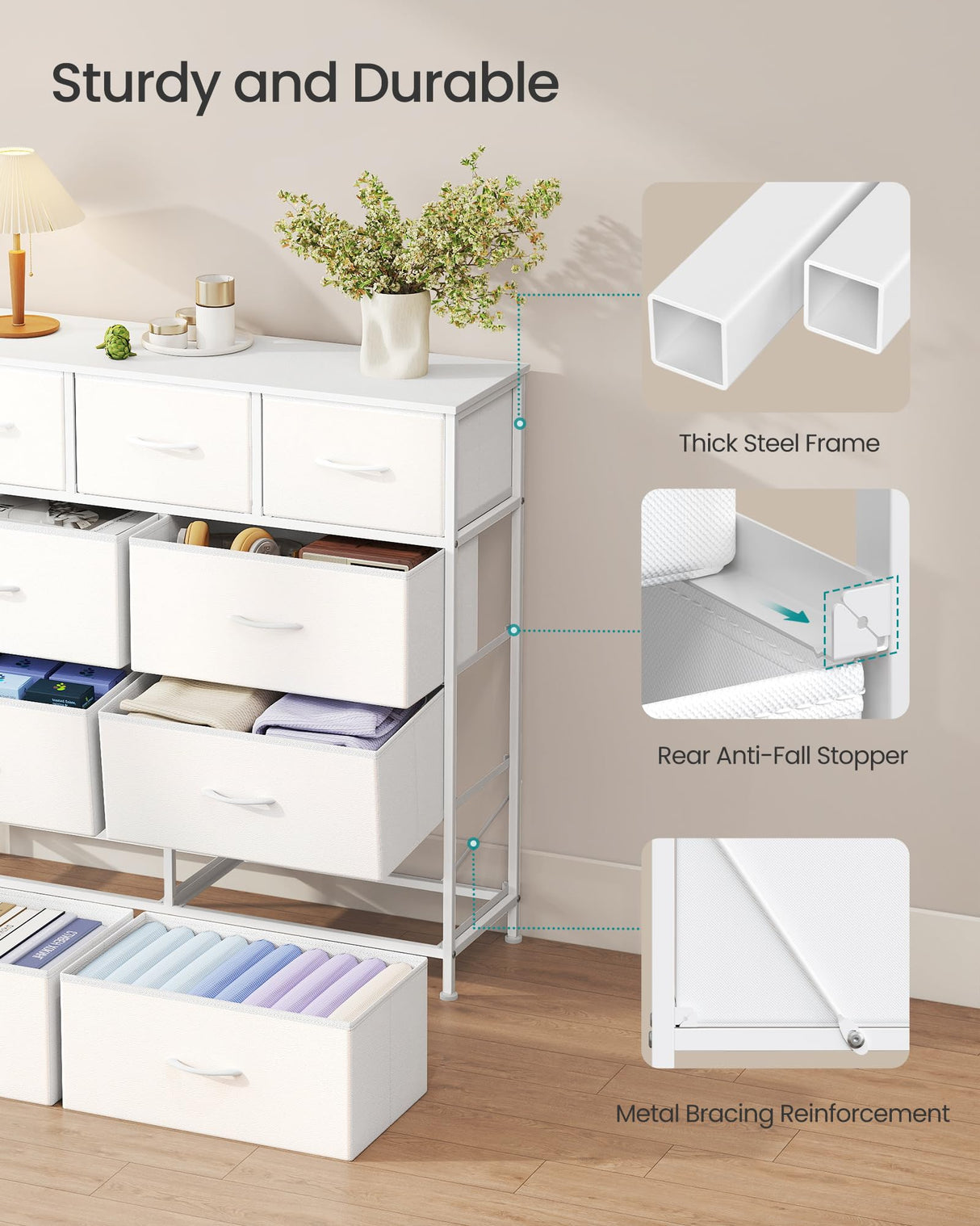 SONGMICS Dresser for Bedroom, Chest of Drawers, Steel, MDF, 9 Non-Woven Fabric Drawers, Storage Organizer Unit, Closet, Entryway, Cloud White and Snow White LGS324W01S SONGMICS