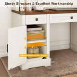 Hlivelood 76" Height Farmhouse Desk with Sliding Door Hutch, Wood Office Executive Workstation Computer Desk with Charging Station, Drawers and Storage Cabinet, for Work, Sturdy, Game, Rustic White Hlivelood