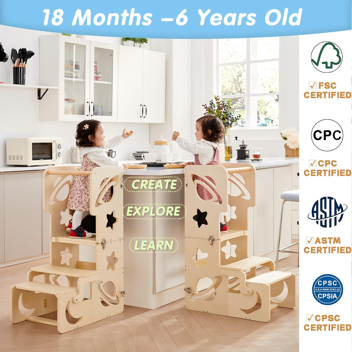 Toddler Tower, Toddler Stool for Kitchen, Kids Learning Wooden Tower, Foldable Weaning Table with Kids Step Stool, Montessori Toddler Standing Tower for Bathroom and Kitchen Counter DGD