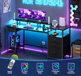 Furologee Black Computer Desk with 4 Drawers, 60" Long Office Desk with Fabric File Cabinet and Power Outlets, Gaming Desk with LED Lights, Study Writing Work Desk for Home Office Furologee