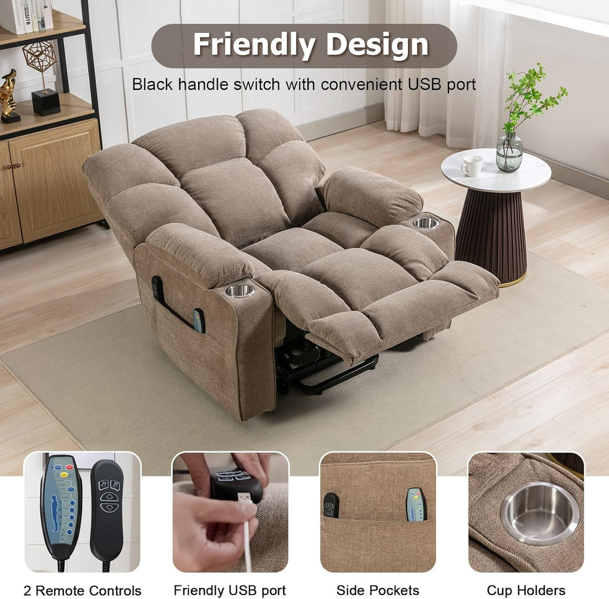 CANMOV Dual Motor Large Power Lift Recliner Chair for Elderly with Massage and Heat, Oversized Lay Flat Electric Lift Recliner, Heavy Duty Recliner Chair with USB Port, Side Pocket, Cup Holders, Brown CANMOV