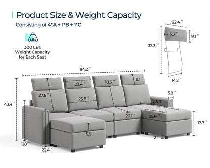 LINSY HOME Modular Sectional Sofa, Upgraded High Back Sectional Couch with 4 Headrests, U Shaped Sleeper Sofa with Storage, Sofa Covers Removable, 6 Seat Couch with Ottoman for Living Room, Grey