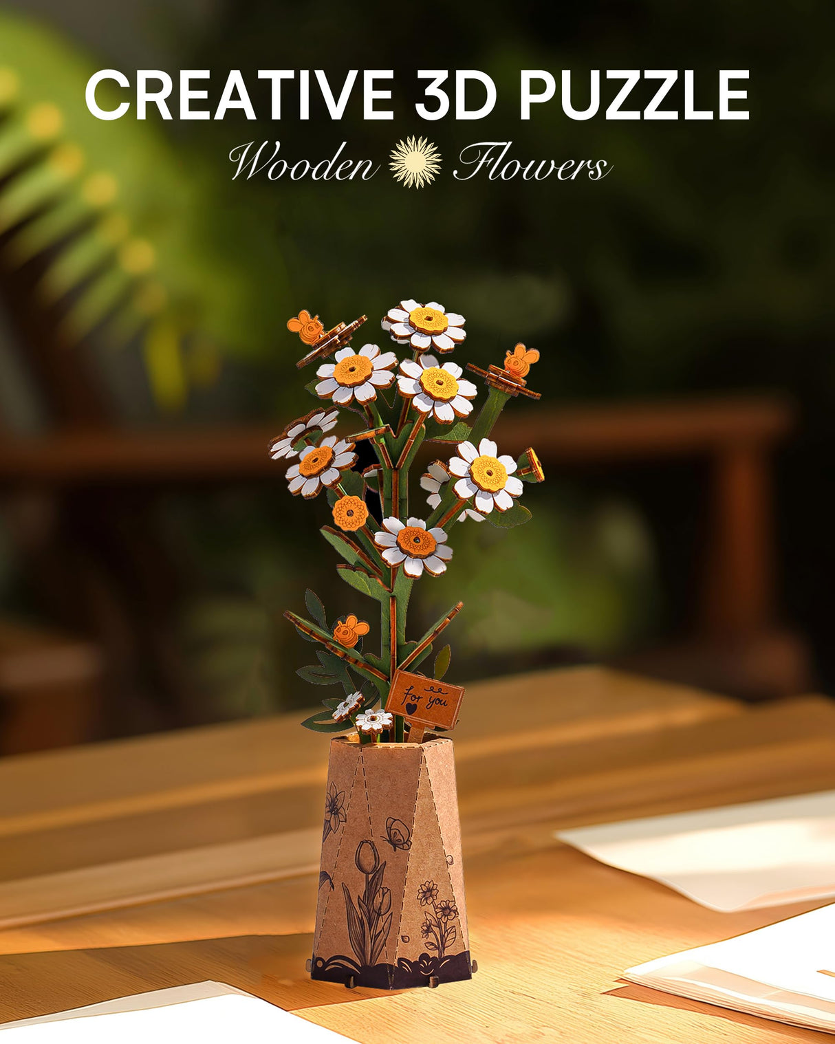 Wowood 3D Flower Wooden Puzzles for Adults-Chamomile, DIY Wooden Flowers Model Kit Building Set Crafts for Adults to Build, Botanical Collection/Ideal Creative Gift Ideas/Housewarming (101PCS) Wowood