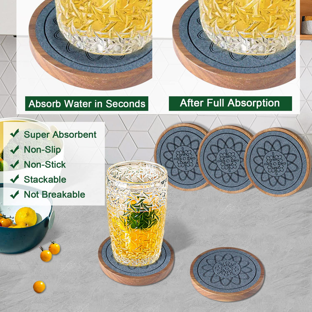 EDEGG Wood Coasters for Drinks, Absorbent Coaster Sets of 5, Drinks Coasters for Coffee Tabletop Protection, Non-Slip, Non-Stick, Suitable for Kinds of Cups Wooden Table Hot or Cold Drink, 4.3 Inches EDEGG