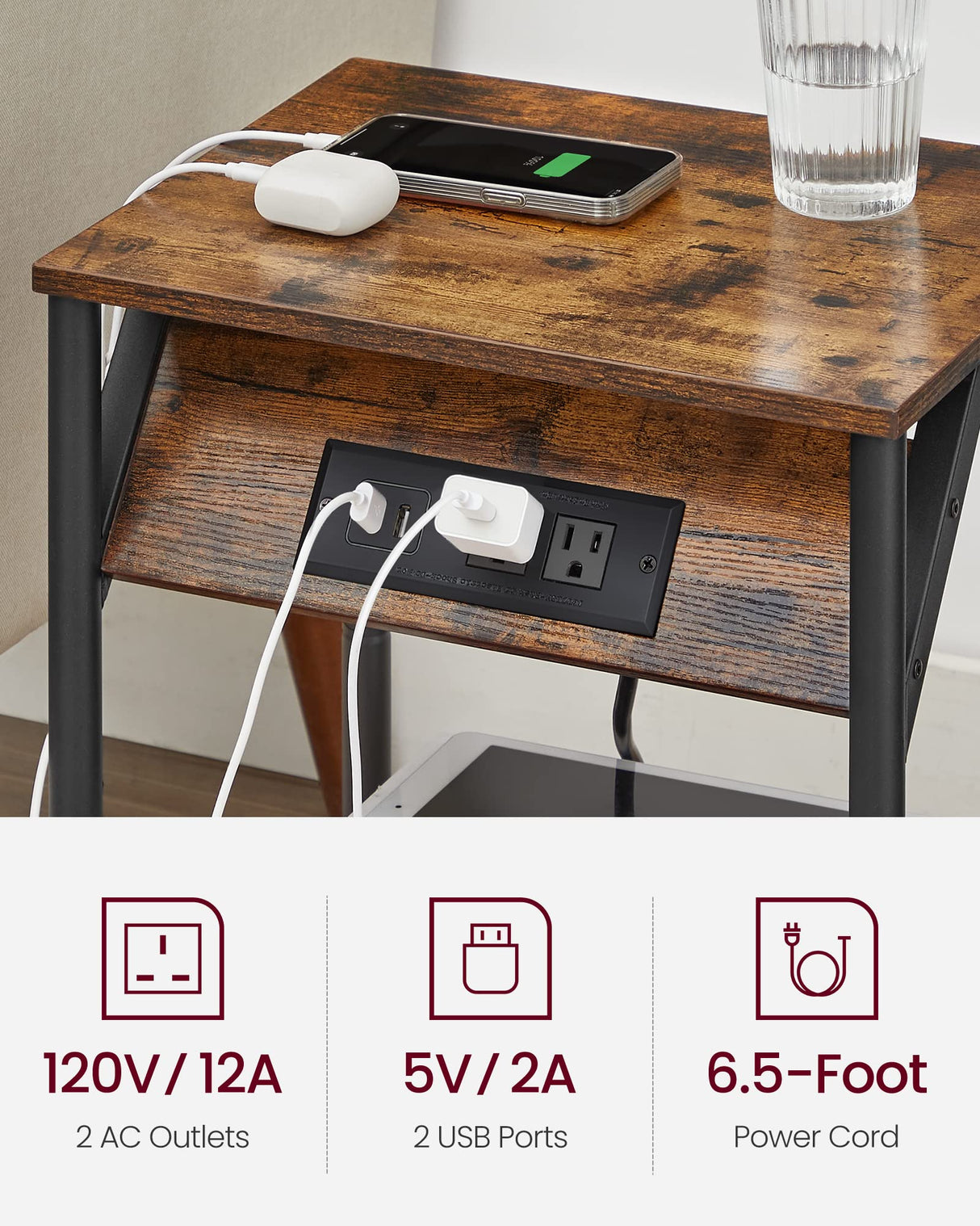 VASAGLE End Table with Charging Station, Small Side Table for Living Room, Bedroom, Nightstand with Outlets and USB Ports, Bedside Table with Storage Shelf, Rustic Brown and Black VASAGLE