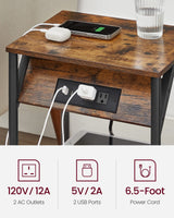 VASAGLE End Table with Charging Station, Small Side Table for Living Room, Bedroom, Nightstand with Outlets and USB Ports, Bedside Table with Storage Shelf, Rustic Brown and Black VASAGLE