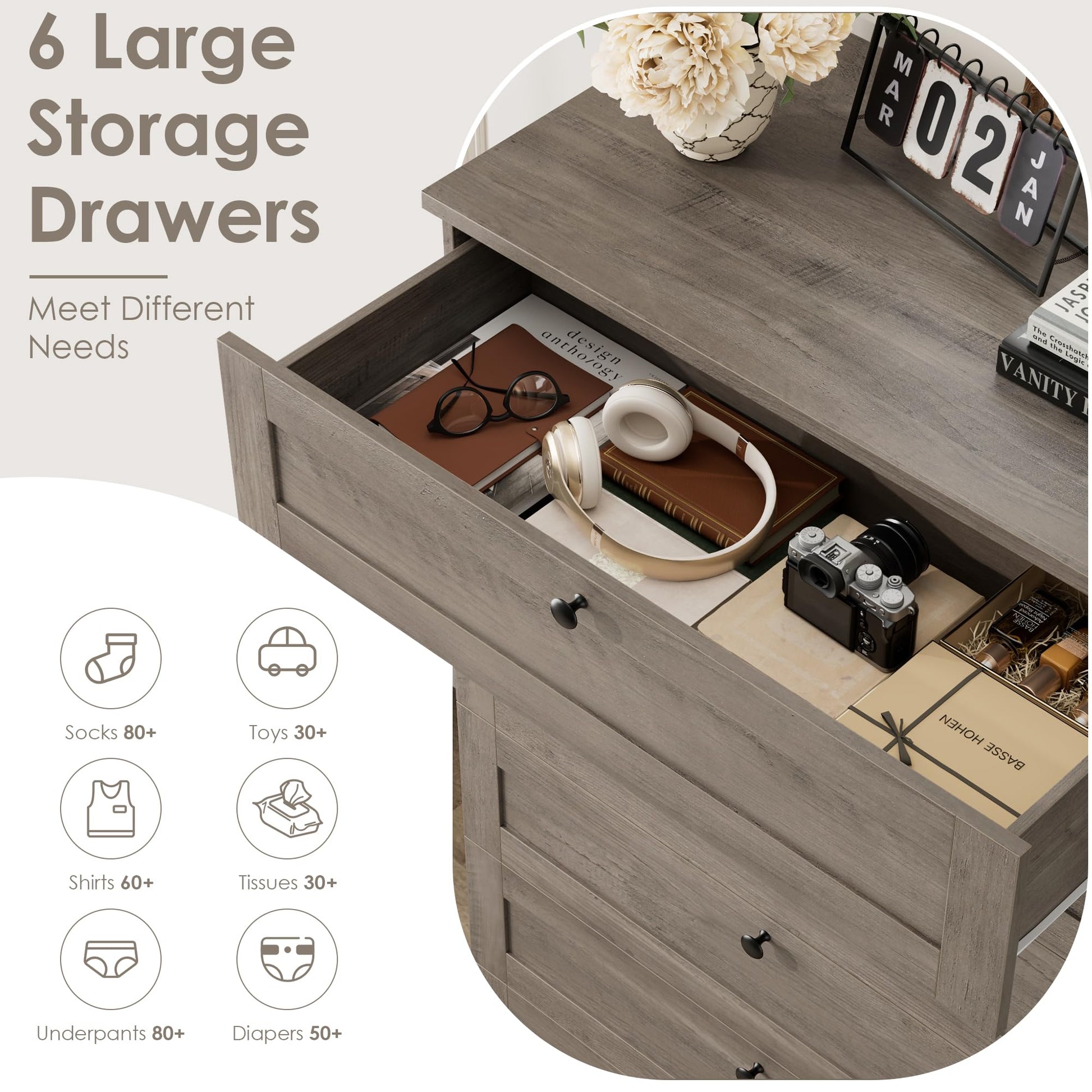 HOSTACK 6 Drawer Dresser for Bedroom, 52" Tall Dresser & Chest of Drawers, 29" W Wood Dresser Drawer Chest, Modern Vertical Dresser Storage Cabinet for Living Room, Entryway, Hallway - WoodArtSupply