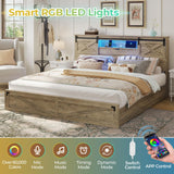 Hasuit Rustic Oak Farmhouse King Bed Frame with LED Lights, Charging Station, and Storage Drawers Hasuit