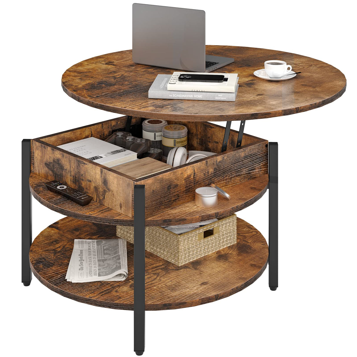 FABATO Round Lift Top Coffee Table for Living Room, 35.43'' Round Coffee Table with Storage and Hidden Compartment, 2 Tier Large Farmhouse Coffee Table Round Dining Table, Rustic Brown FABATO