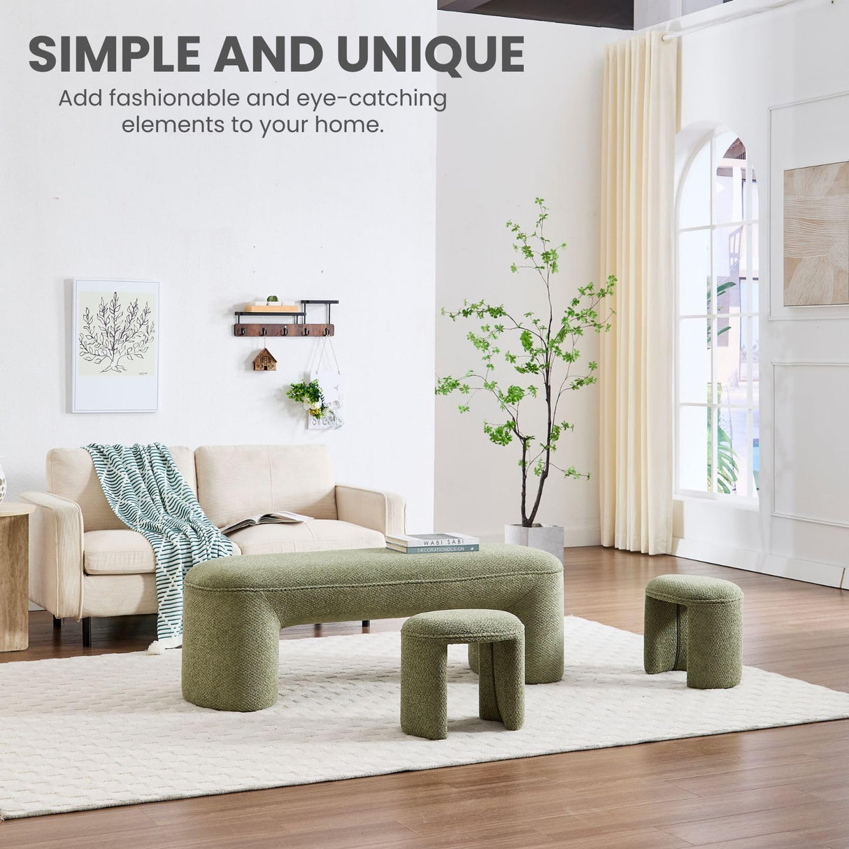 ChicAura 3-Piece Nesting Ottoman Bench Set，53" Long Upholstered End of Bed Bench with 2 15" Foot Stools Chenille Modern Arched Bench Comfy Entry Bench Vanity Stools for Living Room Bedroom, Green ChicAura