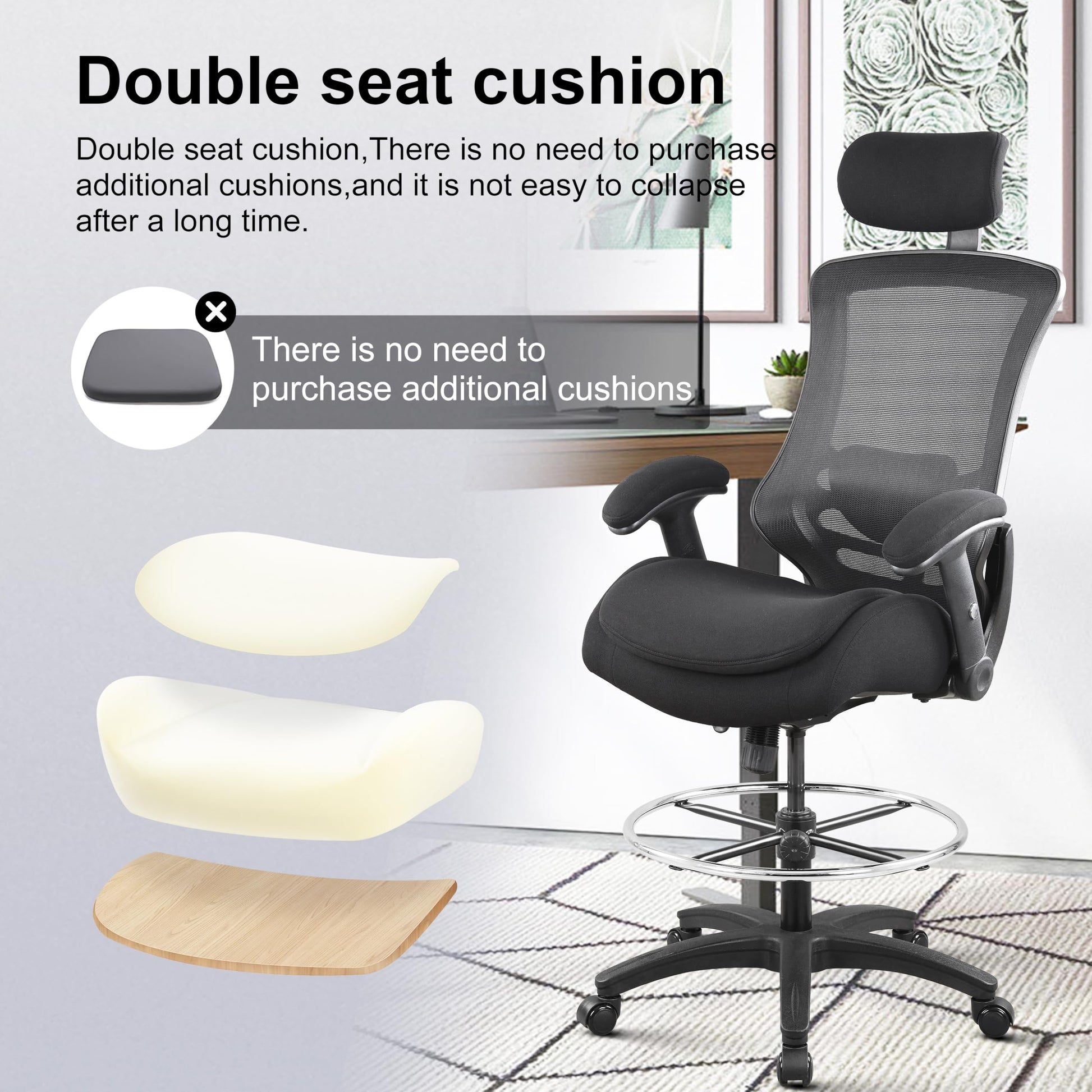 BOLISS High-Back Ergonomic Mesh Computer Office Drafting Chair with Super Soft Adjustable Arms Molded Foam Double Seat Cushion Adjustment Lumbar Support and Big Foot Ring - Black - WoodArtSupply