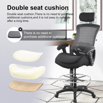 BOLISS High-Back Ergonomic Mesh Computer Office Drafting Chair with Super Soft Adjustable Arms Molded Foam Double Seat Cushion Adjustment Lumbar Support and Big Foot Ring - Black - WoodArtSupply