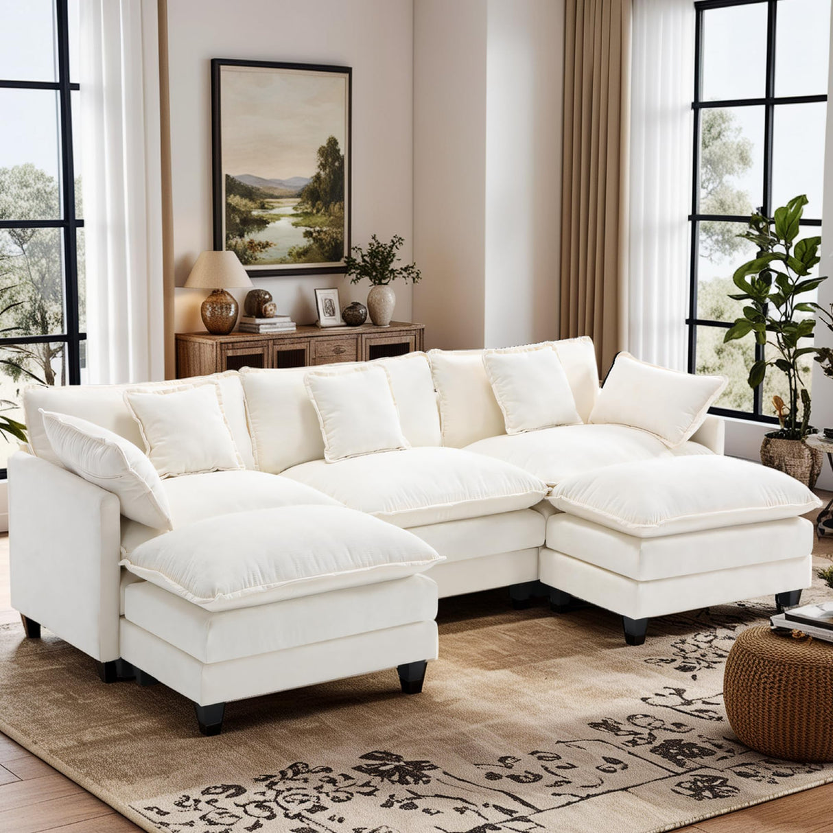 113.4" Modular Sectional Sofa,U Shaped Couch for Living Room,Modern Deep Seat Sofa 3 Seater Chenille Fabric Comfy Cloud Couches with Throw Pillows & Movable Ottoman Hanherry