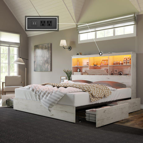 AMERLIFE King Size Bed Frame Wooden Platform Bed with 51.2" Storage LED Bookcase Headboard, 4 Storage Drawers & Charging Station/No Box Spring Needed/Noise Free/Distressed White AMERLIFE