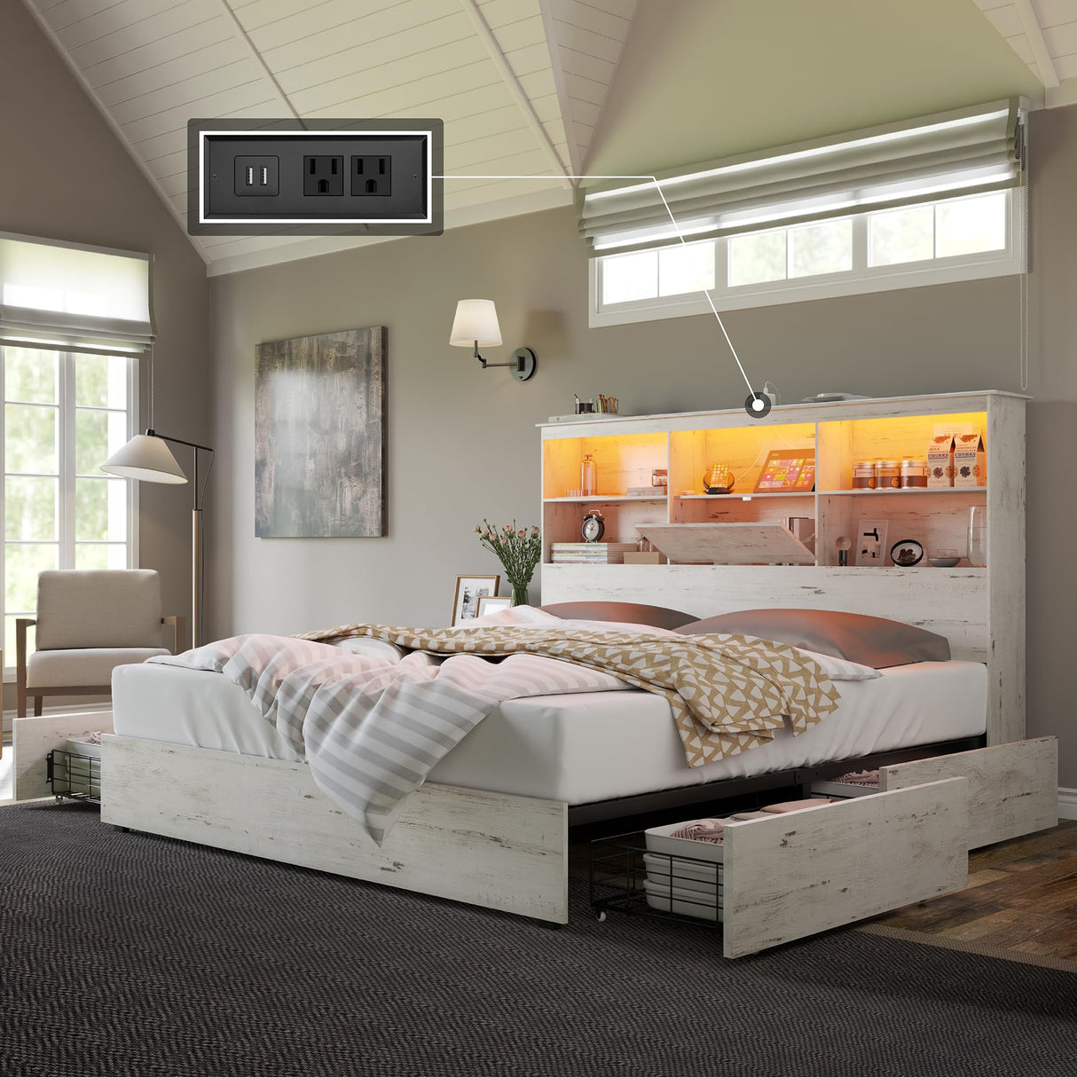 AMERLIFE Farmhouse King Size Bed Frame Wooden Platform Bed with 51.2" Storage LED Bookcase Headboard, 4 Storage Drawers & Charging Station/No Box Spring Needed/Noise Free/Distressed White AMERLIFE