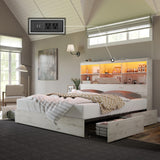 AMERLIFE Farmhouse King Size Bed Frame Wooden Platform Bed with 51.2" Storage LED Bookcase Headboard, 4 Storage Drawers & Charging Station/No Box Spring Needed/Noise Free/Distressed White AMERLIFE