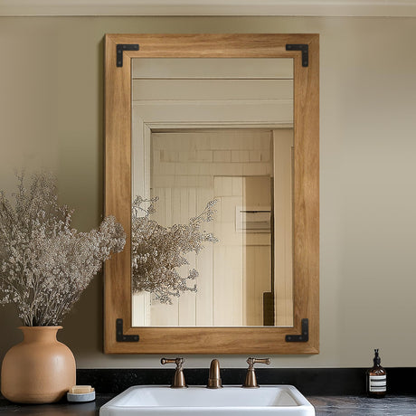 Bathroom Mirror for Wall with Wooden Frame, 36"x24" Solid Wood Vanity Mirror for Farmhouse, Bathroom, Bedroom Decor, Vertical or Horizontal Hanging TRAHOME