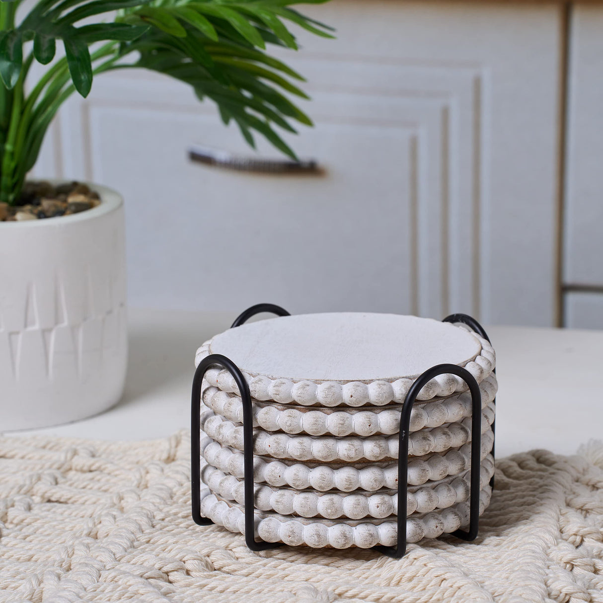 GENMOUS 6 Pack Farmhouse Wooden Bead Coasters with Metal Holder for Coffee Table Decor, Round Handmade Cup Coasters Set for Drinks Absorbent, Rustic Cute Coasters for Home Kitchen Table Décor GENMOUS & CO.