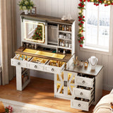 MDGC 60" W Farmhouse Makeup Vanity Desk with Sliding Mirror and Lights, Charging Glass Top Large Vanity Table with Jewelry Storage,Vanity Set with 6 Drawers,10 Shelves,Side Storage Cabinet,White MDGC