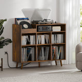 Cozy Castle Large Record Player Stand, Vinyl Storage Cabinet Mid Century Modern Turntable Stand Media Console Table Open Shelf Cube CD Album Holder Organizer for Living Room, Office, Rustic Brown Cozy Castle