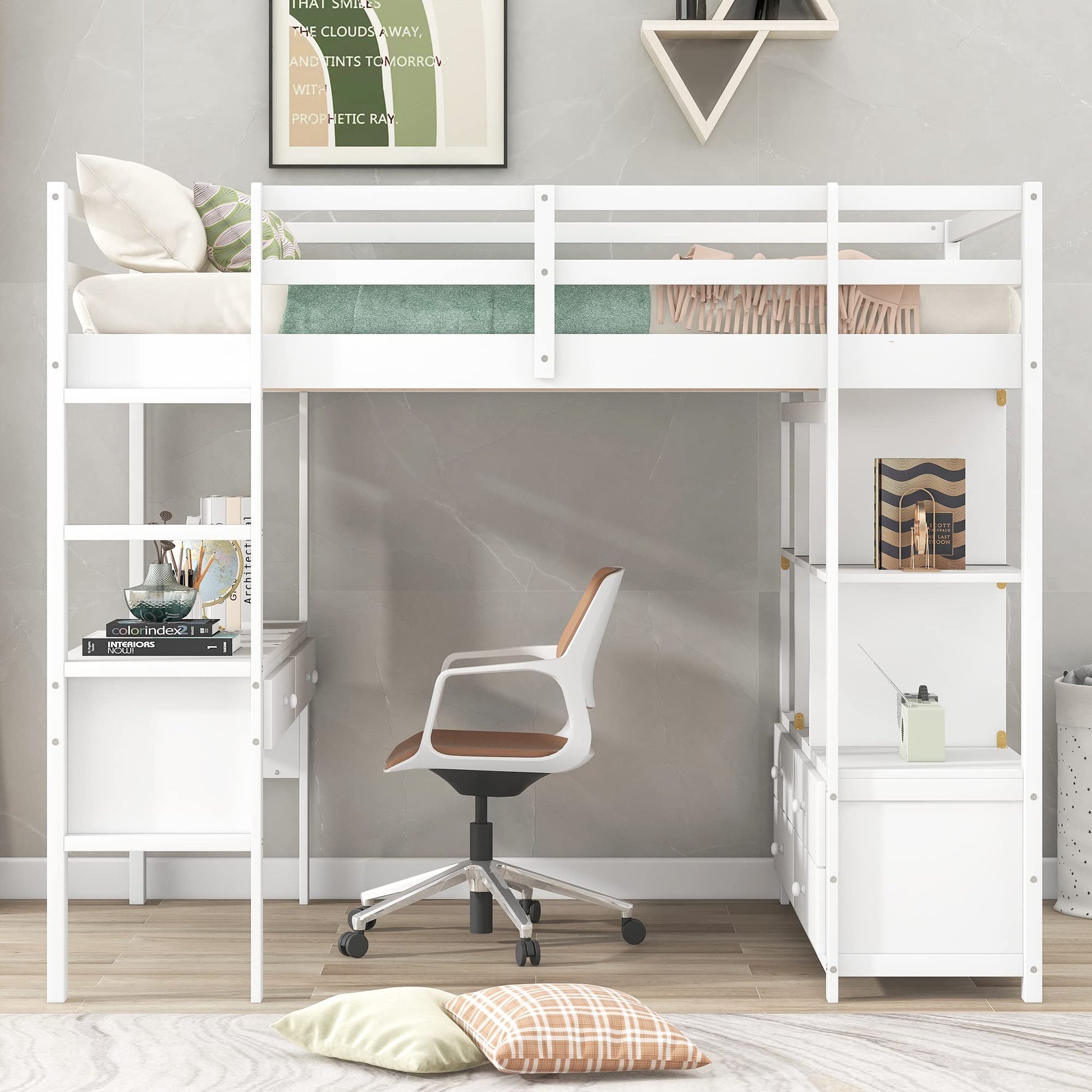 Multifunctional White Loft Bed with Desk, Storage, and Bookshelf by Harper & Bright Designs - WoodArtSupply