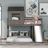 Twin Over Full House Bunk Beds with Full Size Bottom Platform Bed Frames and Slide, Antique Gray Merax
