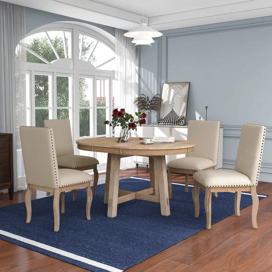 Harper & Bright Designs 5-Piece Farmhouse Dining Table Set Wood Round Extendable Dining Table and 4 Upholstered Dining Chairs (Natural Wood Wash) - WoodArtSupply