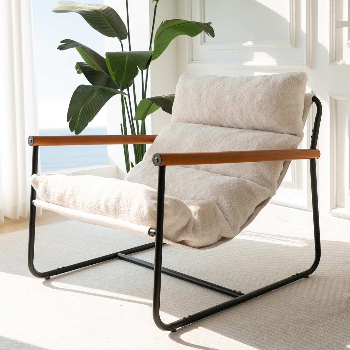 MAXYOYO Sherpa Accent Chair, Boucle Arm Chair Living Room Chair, Reading Accent Chair, Mid Century Modern Bedroom Chair,Teddy Armchair Wooden Arms Metal Frame MAXYOYO