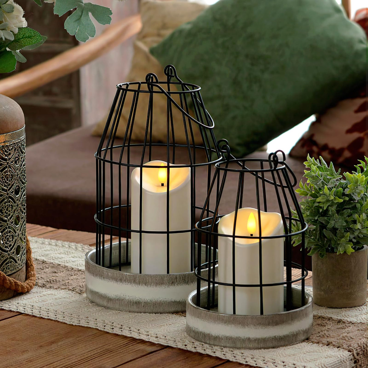 Homemory Rustic Farmhouse Lantern Decor with Flameless Candle & Remote Timer, 2PCS Metal Candle Holder Home Decorations for Fireplace Mantle Kitchen Dining Table Living Room Homemory