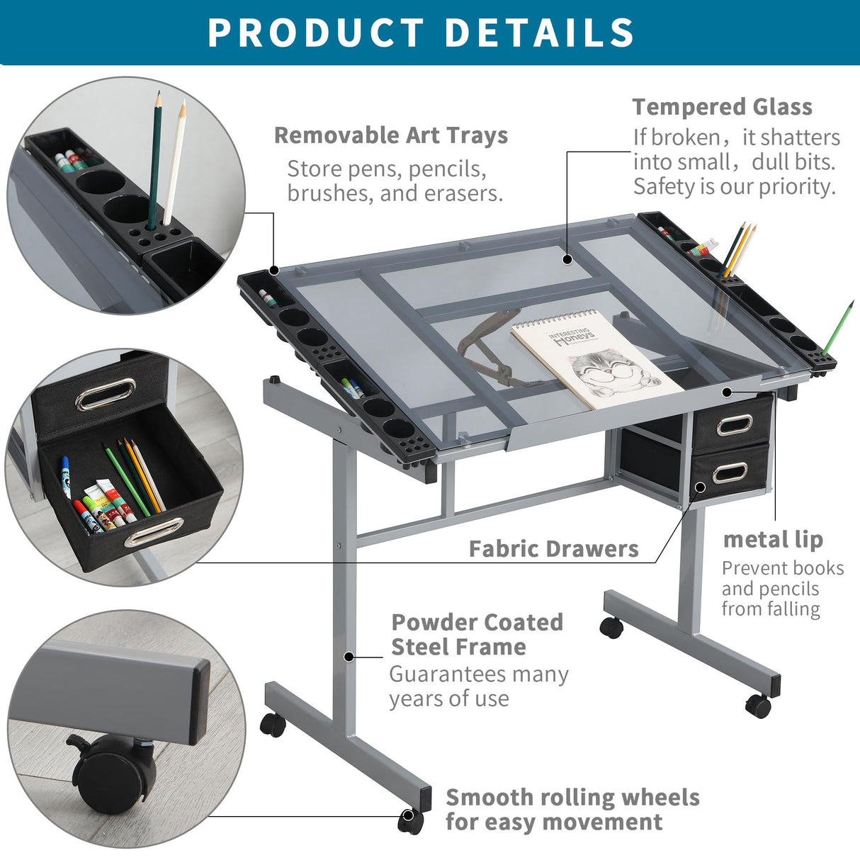 Drafting Table, Height Adjustable Drawing Table, Multifunctional Art Craft Paintings Work Station w/2 Storage Drawers Artists Desk Tilting Glass Tabletop for Home Office, Silver Grey Gaderth