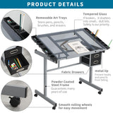 Drafting Table, Height Adjustable Drawing Table, Multifunctional Art Craft Paintings Work Station w/2 Storage Drawers Artists Desk Tilting Glass Tabletop for Home Office, Silver Grey Gaderth