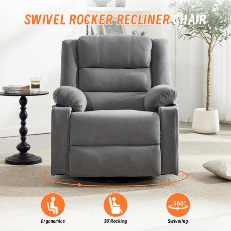 Sftaiyou 360°Swivel Rocker Recliner Chair for Adults,Manual Glider Recliner Sofa with Massage and Heating, Nursery Rocking Chairs with Cup Holds for Living Room Bedroom(Grey) Sftaiyou