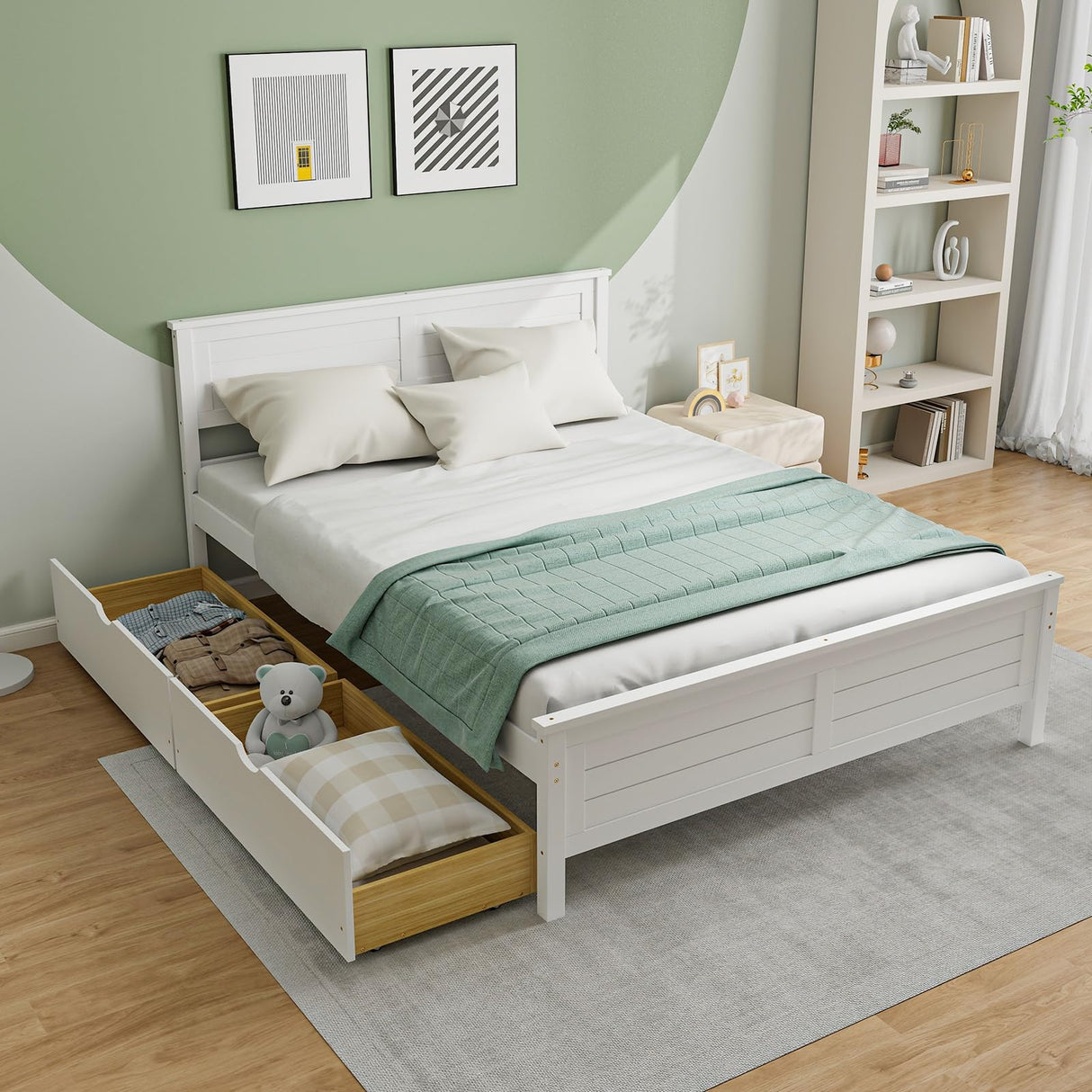 Giantex White Wood Full Size Bed Frame with 2 Storage Drawers and Headboard Giantex