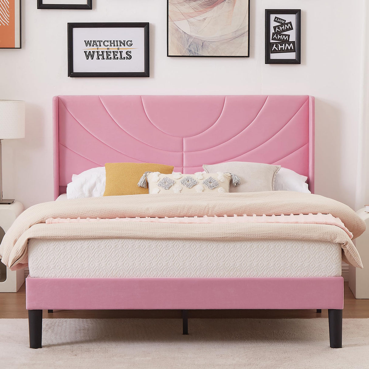 VECELO Full Size Upholstered Platform Bed Frame with Fabric Headboard,Wooden Slats Support/No Box Spring Needed/Mattress Foundation,Pink VECELO