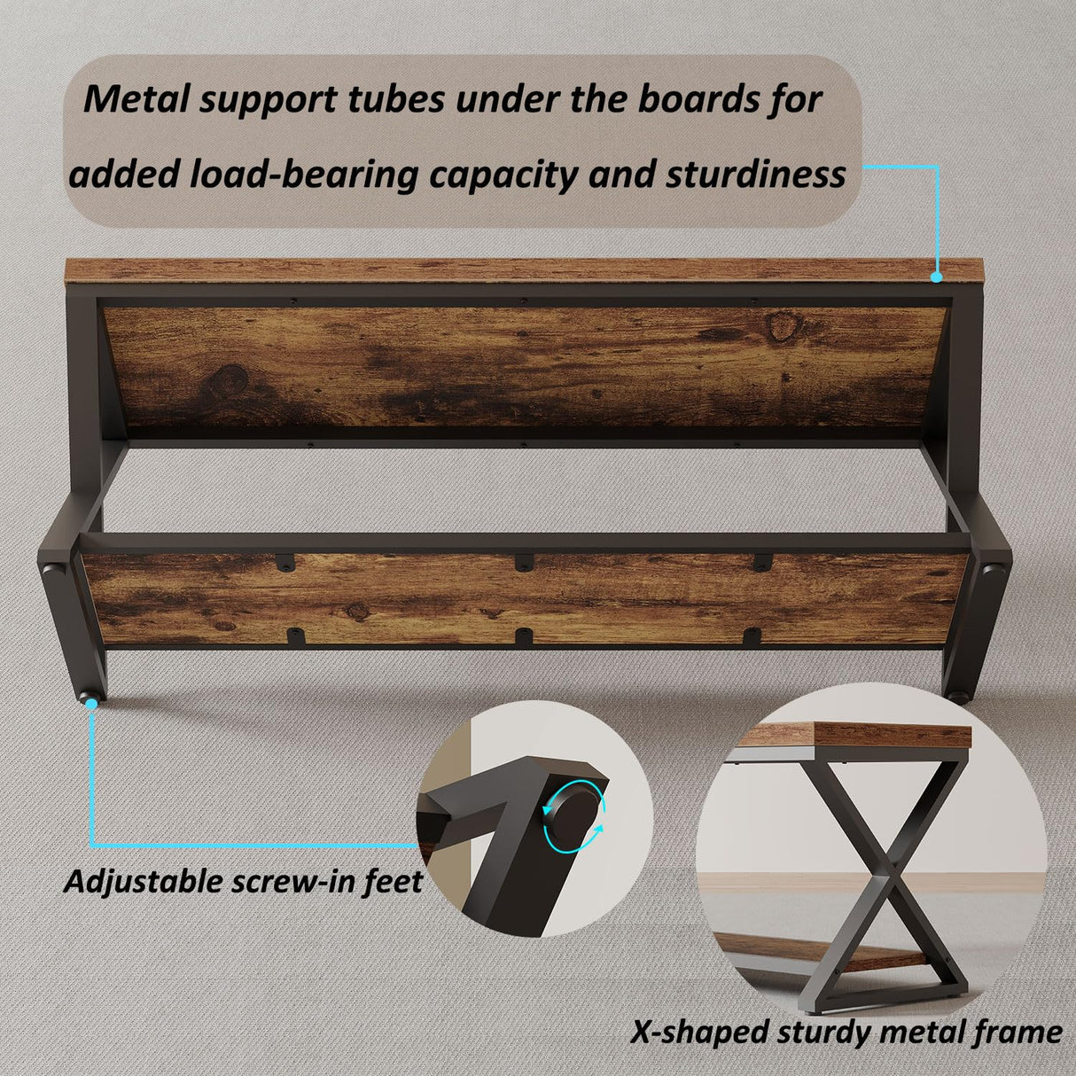 IBF Farmhouse Wood Bench, Industrial Storage Entryway Indoor Bench for Bedroom Hallway Living Room, Rustic Wooden Metal Shoe Rack Accent Foyer Bench Seat for Entrance Sitting, Rustic Brown, 47 in Long IBF