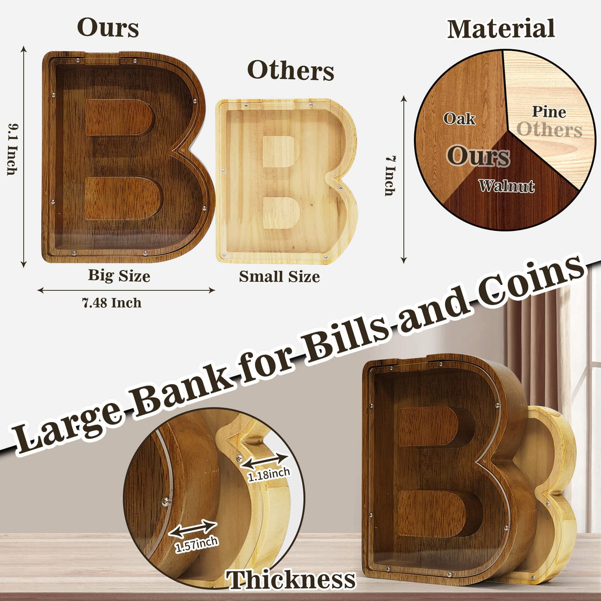 Personalized Large Wooden Kids Letter Piggy Bank Custom Name Coin Bank, (Laser Engraved Name) Wood Alphabet Letter Bank Money Box Birthday (B) ladenk
