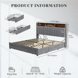 YITAHOME King Bed Frame with 3 Drawers, Upholstered Bed Frame with Storage Headboard, LED Platform Bed with Charging Station, No Box Spring Required, Simple Setup (Grey) YITAHOME