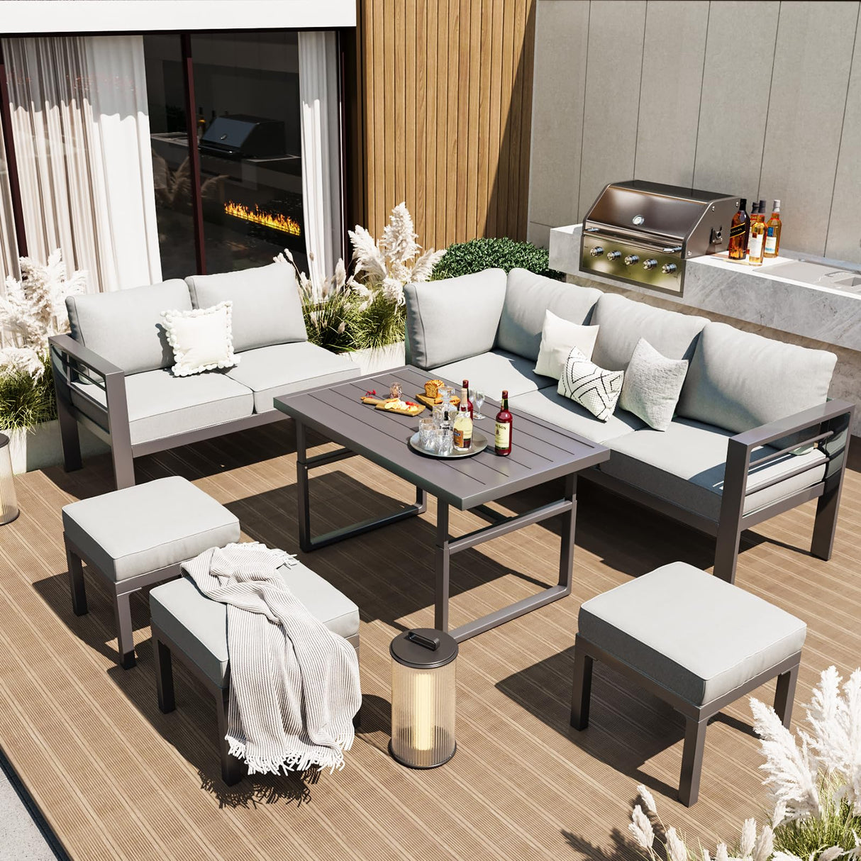 AECOJOY Aluminum Patio Furniture Set, Modern Metal Outdoor Patio Furniture Clearance, Outdoor Conversation Table and Chair Sets for Lawn, Backyard, and Deck with Light Grey Cushions AECOJOY