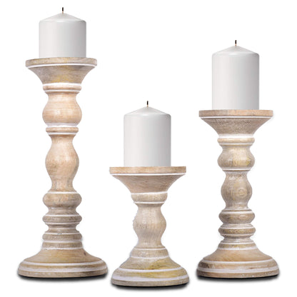 Mela Artisans Whitewash Wood Candle Holders for Pillar Candles Set of 3 | Willow Decor Style for Mantles | White Mango Wood Farmhouse Candle Holders | Rustic Wooden Candleholder | Sized 6", 9" and 12"