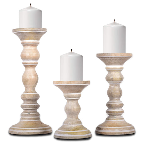 Mela Artisans Whitewash Wood Candle Holders for Pillar Candles Set of 3 | Willow Decor Style for Mantles | White Mango Wood Farmhouse Candle Holders | Rustic Wooden Candleholder | Sized 6", 9" and 12" Mela Artisans