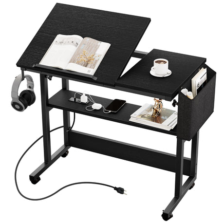 YITAHOME Height Adjustable Table with Charging Station, Portable Desk with Wheels, Small Standing Rolling Computer Desk with Tiltable Tabletop and Storage Bag, Black YITAHOME