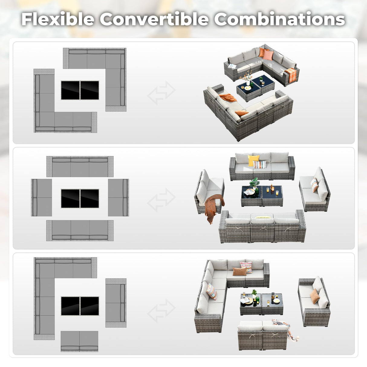 ovios Patio Furniture Set 12 Pieces Outdoor Sectional Sofa Set with Comfy Cushions and Deep Seat, Modern Modular Wicker Rattan Conversation Set, Beige ovios