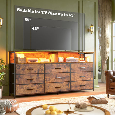 Romorgniz 55" W Dresser for Bedroom with 9 Drawers, LED TV Stand with Power Outlets for 45, 55, 65 Inch TV, Sturdy Long Chest of Drawers with Extra 2 Wooden Shelves, Rustic Brown Romorgniz