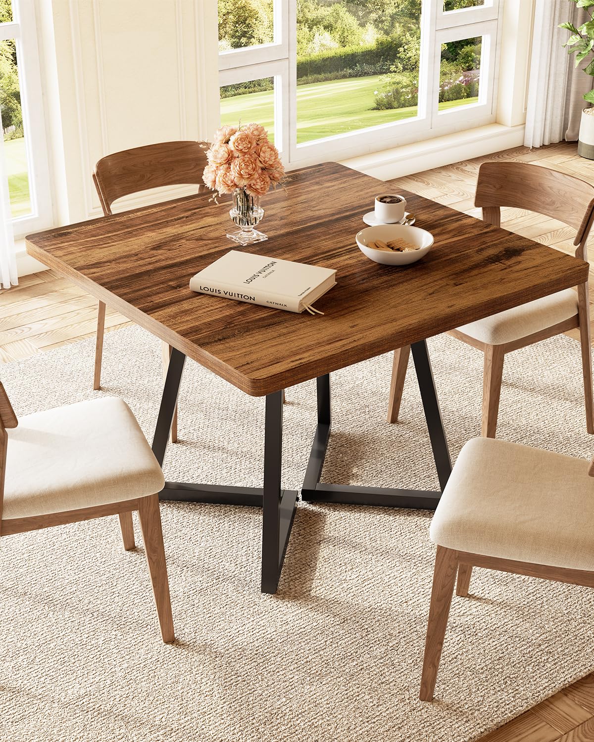 LITTLE TREE 31.5 Inches Small Dining Table for 4, Square Dinner Table for Small Space, Dining Room Tables, Rustic Brown Wooden Kitchen Table with Metal Legs, Modern Leisure Cafe Table for Apartment LITTLE TREE