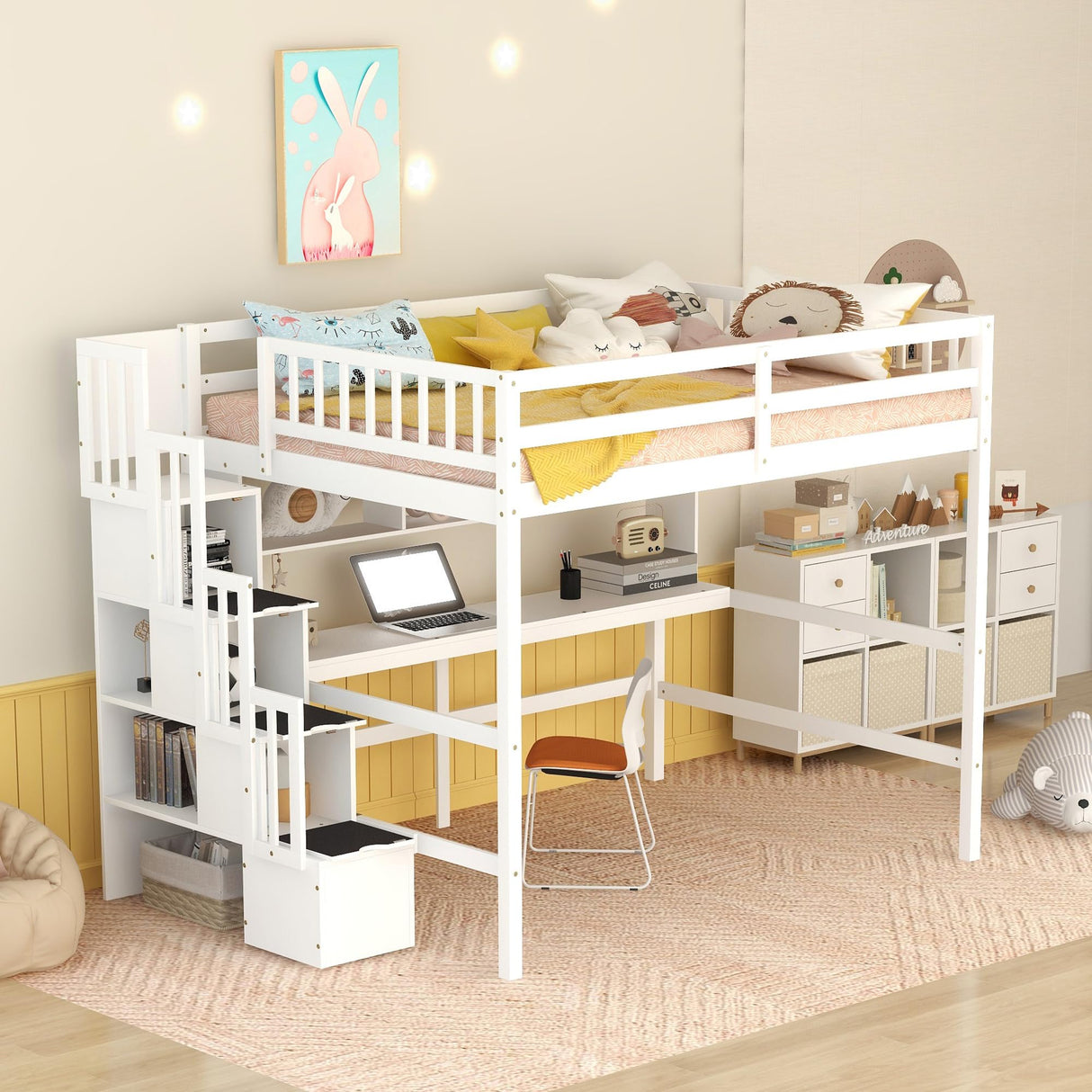 MERITLINE Luxurious Loft Bed: Full Size Loft Bed with Desk, Bookshelves and Storage Staircase, 13.8" H Safety Guard & Ladder, No Box Spring Needed, White MERITLINE