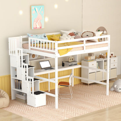 SOFTSEA White Full Loft Bed with Desk, Stairs, and Storage Shelves for Kids and Teens - WoodArtSupply