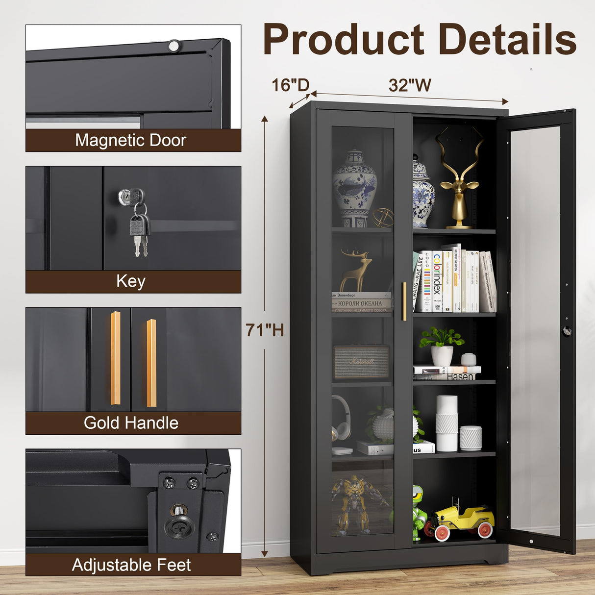 71''Glass Display Cabinet, Black Curio Cabinet With Lock, Display Case with 4 Adjustable Shelves, China Cabinets with Glass Doors,Showcase Display Cabinet ,Tall Liquor Bookshelf for Home Office Pantry TIMELESS PIECES